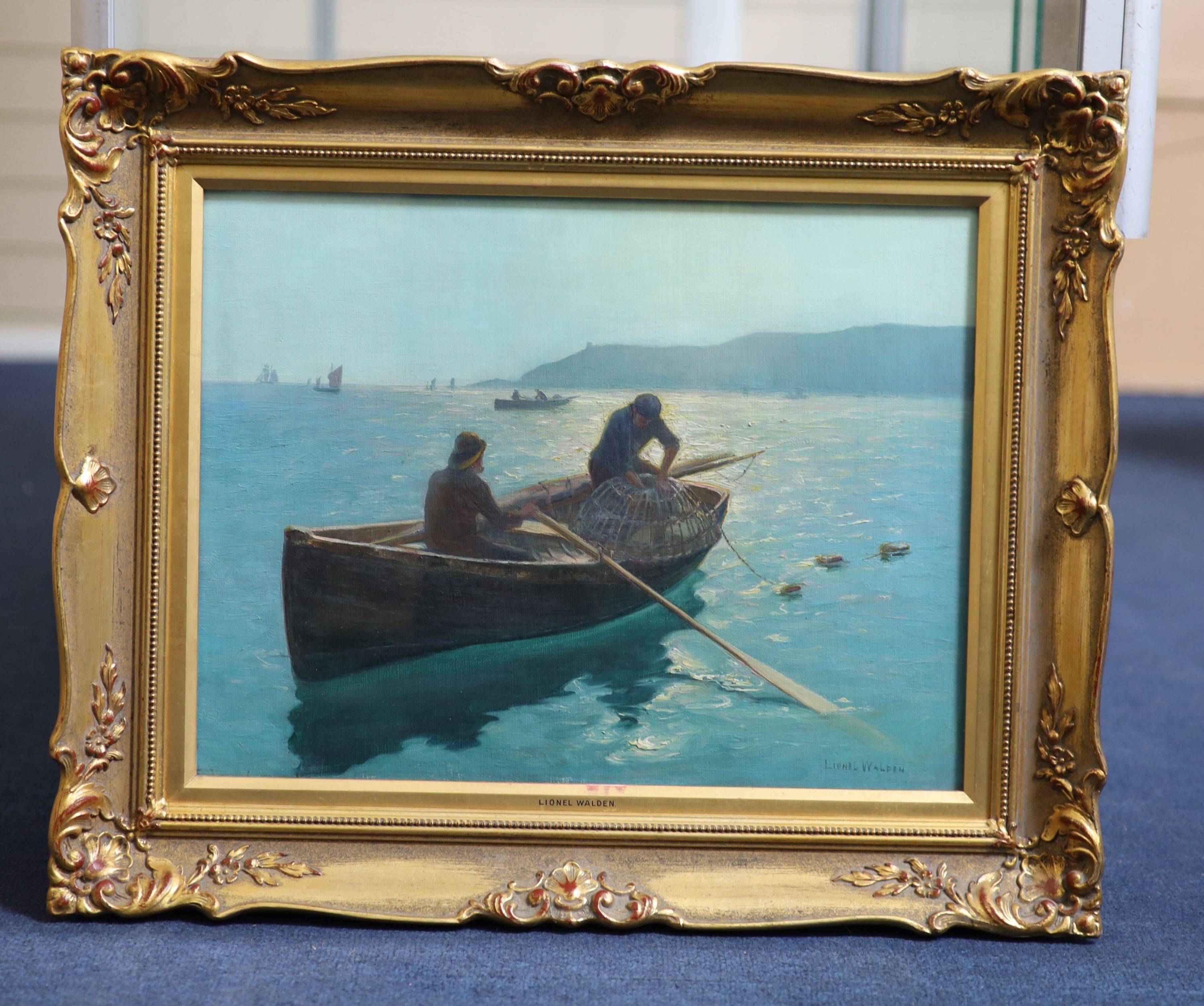 Lionel Walden (1861-1933), Cornish fishermen putting out lobster pots, Oil on canvas board, 32 x 42cm.